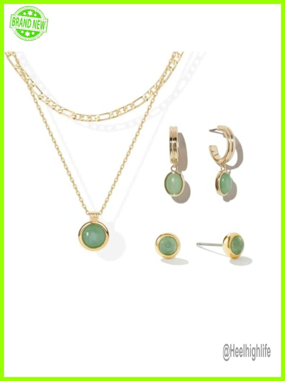 18K Gold Plated Jade Stone Jewelry Set Necklace Hoop Earrings